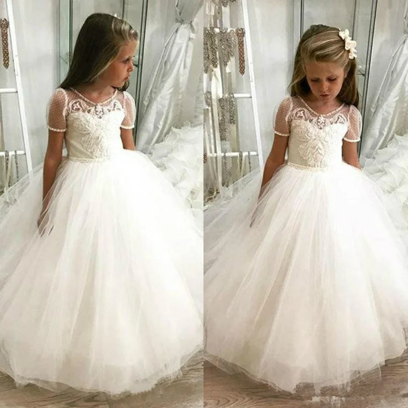 Lovely Flower Girl Dress Short Sleeves Tulle Princess Dress Girl Dress First Communion Gown Girl Wedding Party Customize Gown