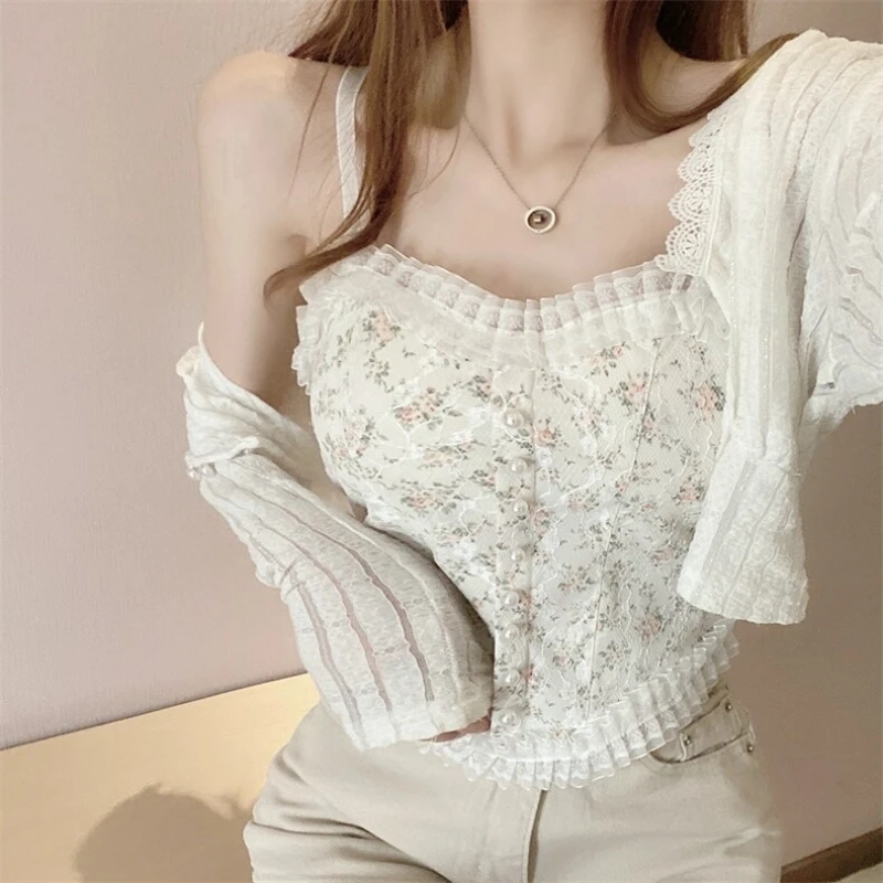 Floral Lace Corset Top With Built-in Pad Button Front Smocked Back Sweetheart Neck Ruffled Crop Cami Women Bralette Coquette