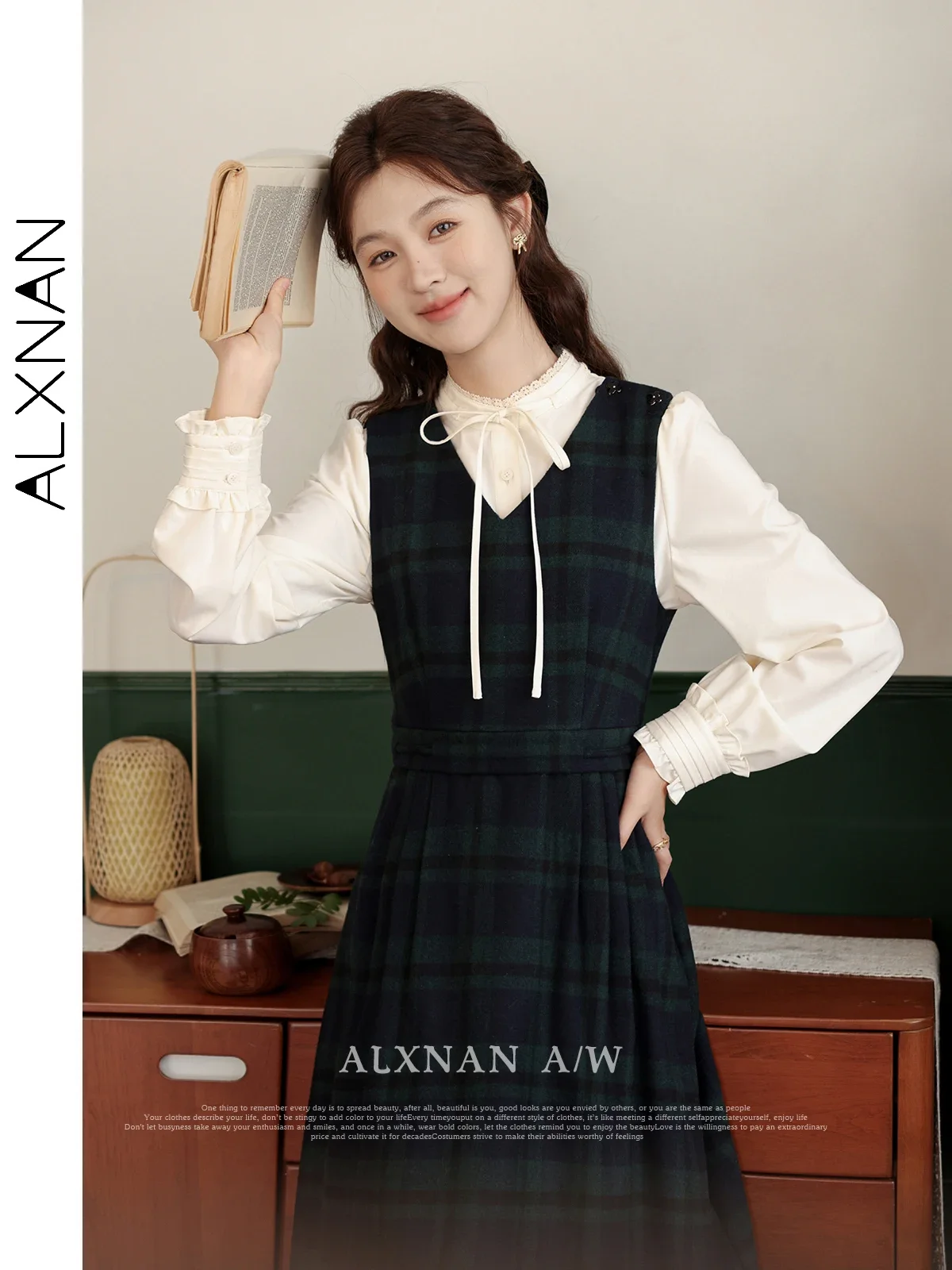 ALXNAN-Robe trapèze à carreaux verts français pour femme, robes mi-longues en fibre, col en V, précieux, vendu séparément, automne, hiver, LXN32315, 2024