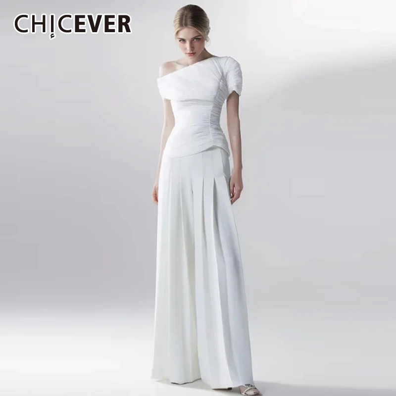 CHICEVER Chic Two Piece Sets For Women Diagonal Collar Short Sleeve Top High Waist Loose Pleated Wide Leg Pant Solid Set Female