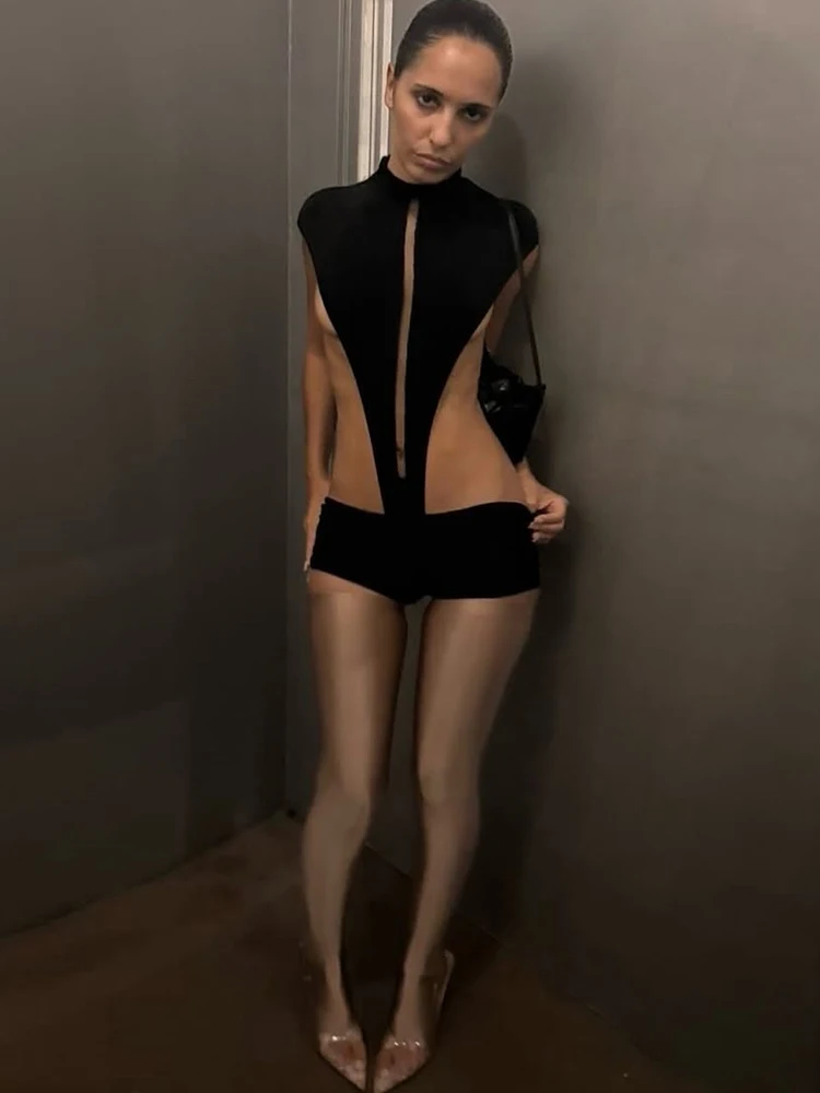 Weird Puss Hottie Hollow Bodysuits Damenmode Klassischer Rollkragen Ärmellos Stretch Skinny Wild Midnight Party Streetwear – Detail 5