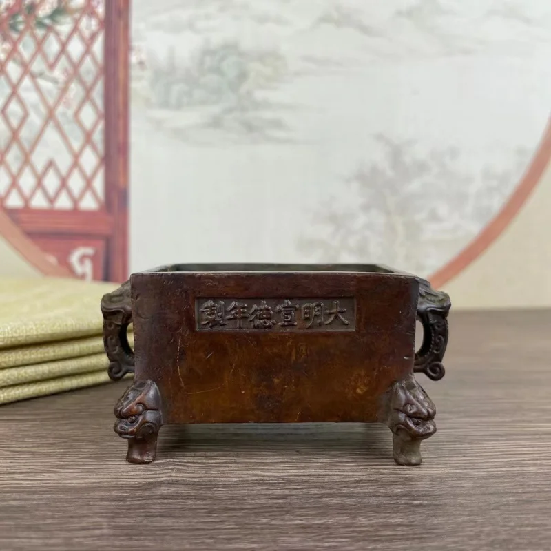 Elephant-nosed double-handled antique -plated rectangular incense burner, vintage copperware, copper seal ornament