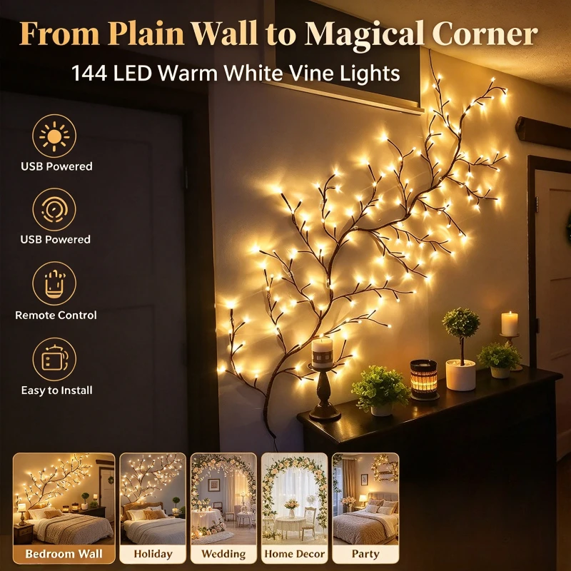 144 LED Vine Branch Lights USB Bendable Willow Wall Tree Lamp Indoor Christmas Warm Lighting Holiday Festival Gift Ornament