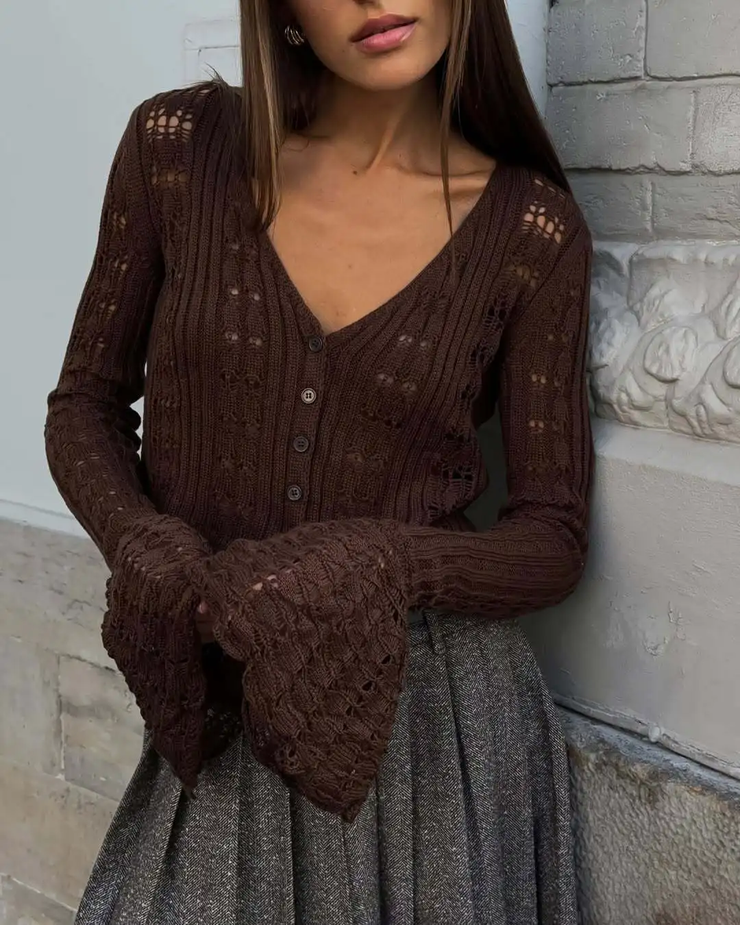 كم طويل الكروشيه رقيقة المحاصيل الأعلى للنساء زر حتى الجوف خارج سترة متماسكة سترة الربيع الصيف بوهو تريكو القمم وتتسابق #6