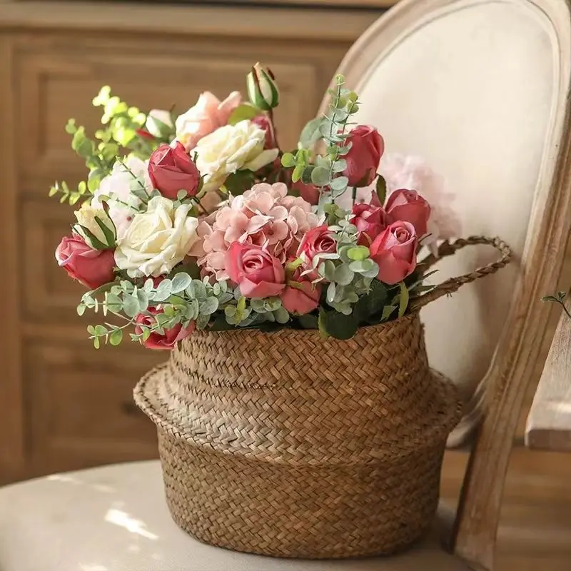 

Boho Style Seaweed Wicker Basket Foldable Storage Container Handmade Planter Pot Holder Rustic Room Decor Organizer