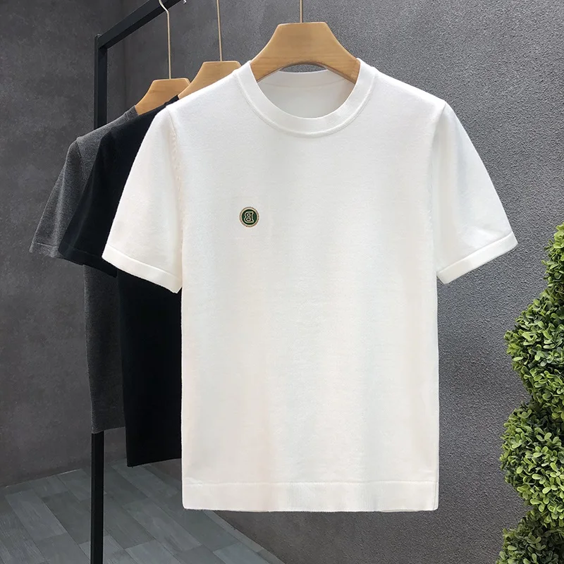 

Мужская футболка из трикотажа Ice Silk с круглым вырезом, коротким рукавом, прямого кроя, однотонная, весна-осень, повседневная