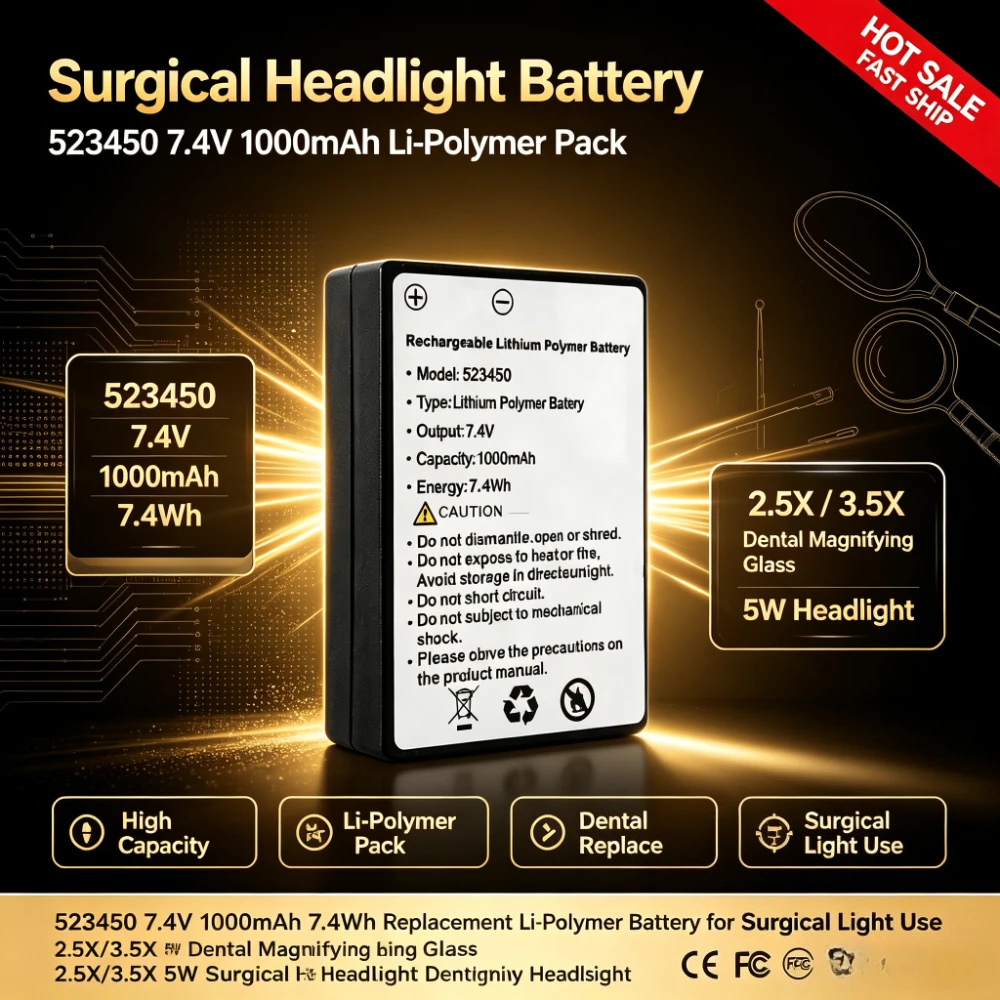 523450 7.4V 1000mAh 7.4Wh Replacement Li-Polymer Battery for Dental Magnifying Glass 2.5X/3.5X 5W Surgical Headlight Dental