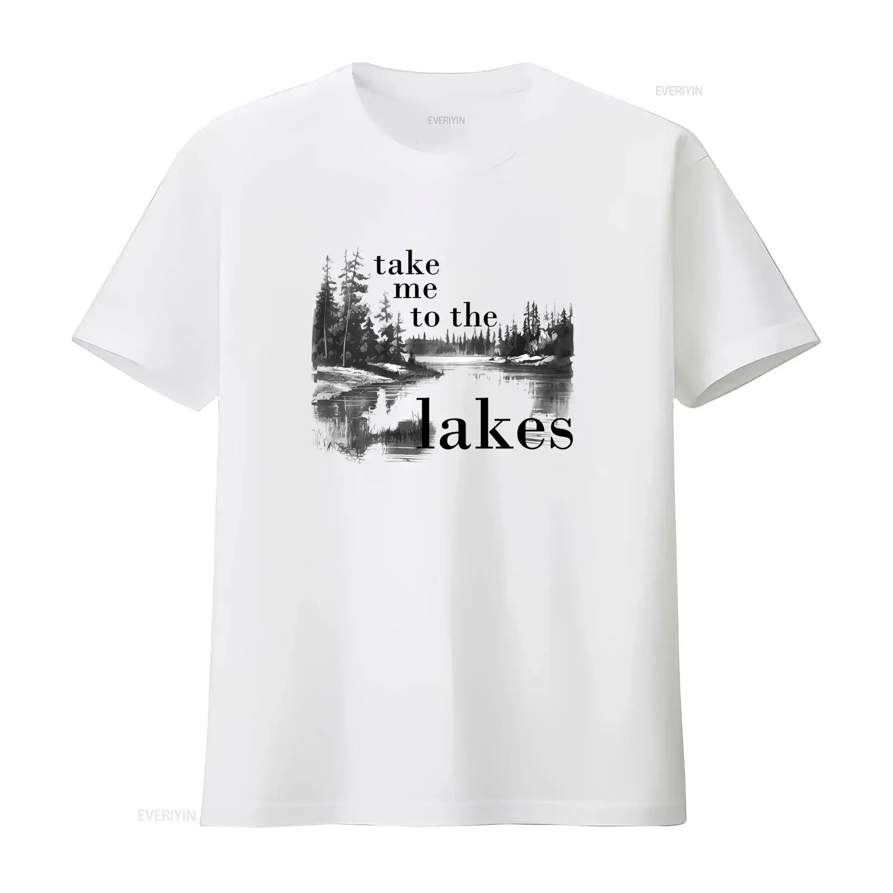 Monochrome Realistic Nature Outdoor Forest Lake Pine Tree Landscape Print Casual T Shirt vintage Washed Stretched Soft