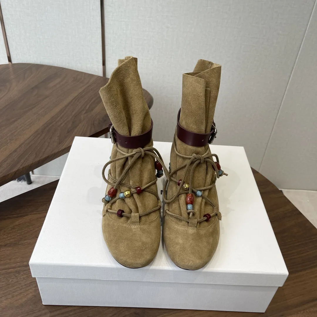 

Women Draped Suede Ankle Boots Gathered Ankles Beaded Laces Buckled Straps Shoes