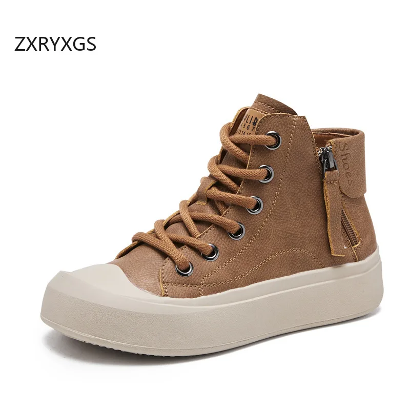 ZXRYXGS Genuine Leather Retro Short Boots Women Sneakers Flat Trend Shoes 2025 Fashion Casual Sneakers Double Zippers Large Size