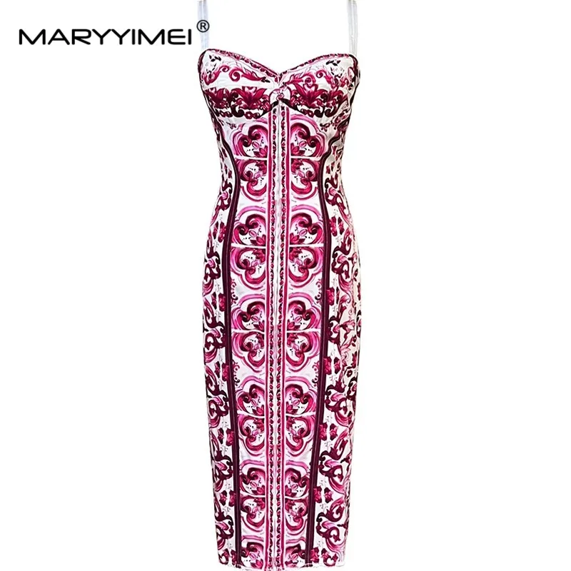 MARYYIMEI Fashion Women Silk Pencil dress Spaghetti Strap Print silk Package hip Dresses