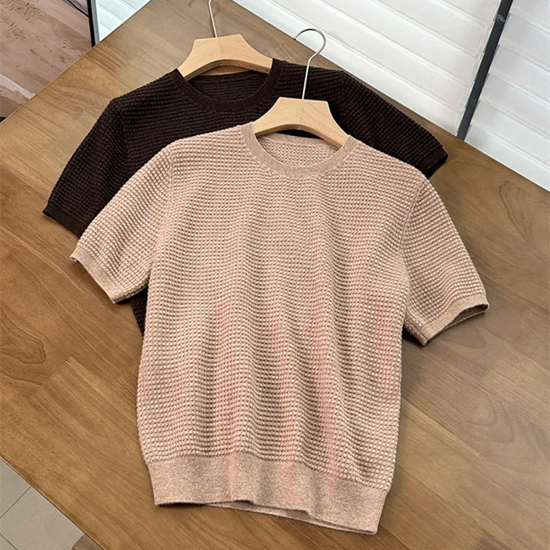 

Женский трикотажный топ из кашемировой смеси с короткими рукавами и круглым вырезом для ранней весны