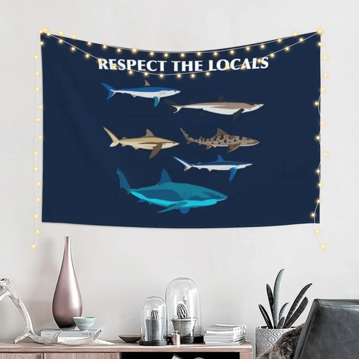 Respect The Locals Swimming Sharks Family Shark Bite Shark Art Print Gift Tapestry Bedroom Decor Room Decor Tapestry