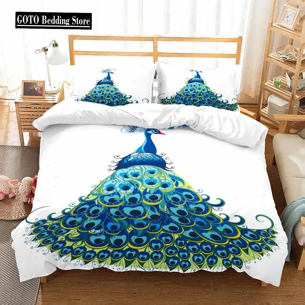 Print Leaves Bird Feathers Bed Cover Sets Queen Size 100% Polyester Bedclothes 3pcs Whole Set Peacock Bedding Set Bedroom