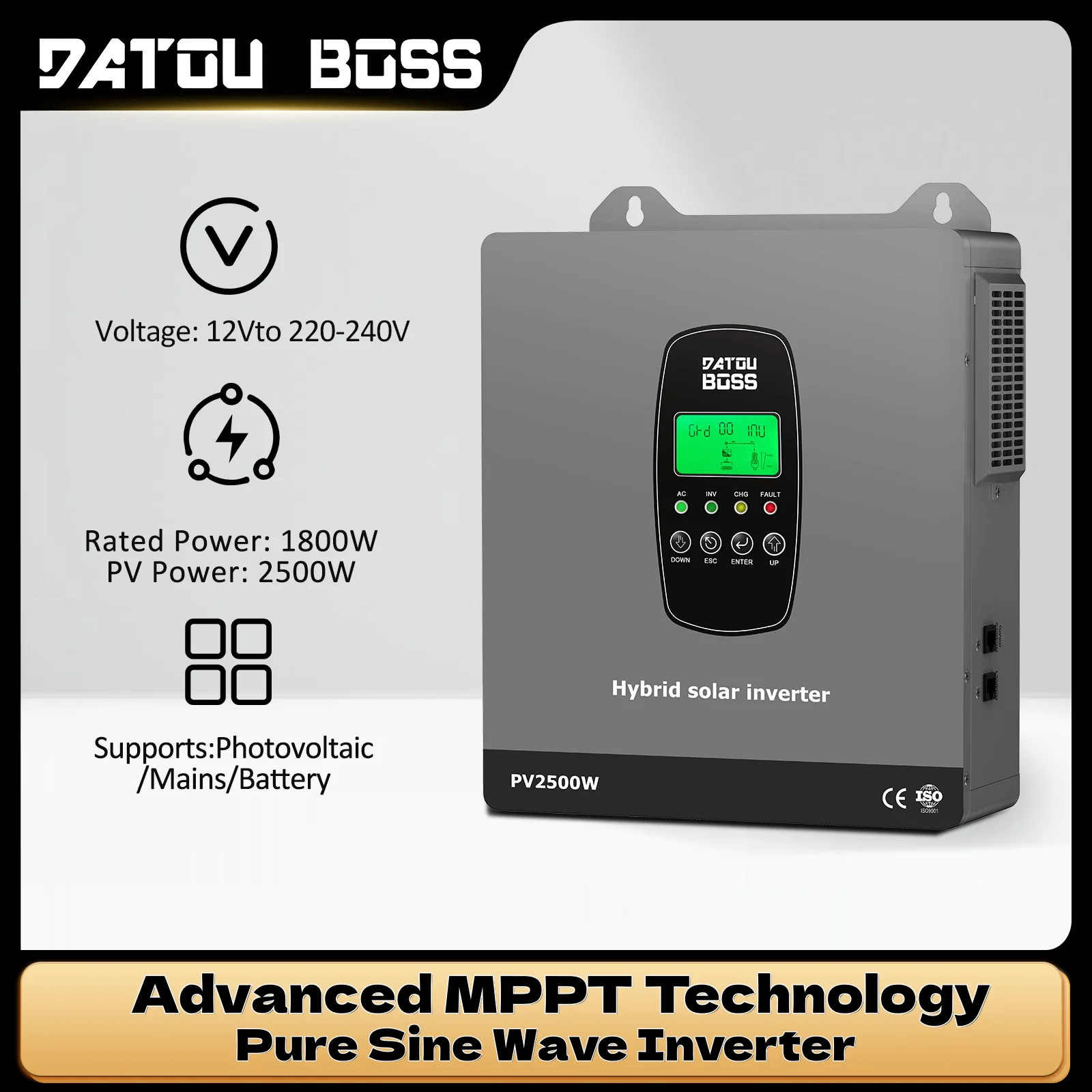 DATOUBOSS Solar Hybrid Inverter 1800W 12V Built in MPPT Charge Controller for Home Use RV Camping Off Grid Power Supply