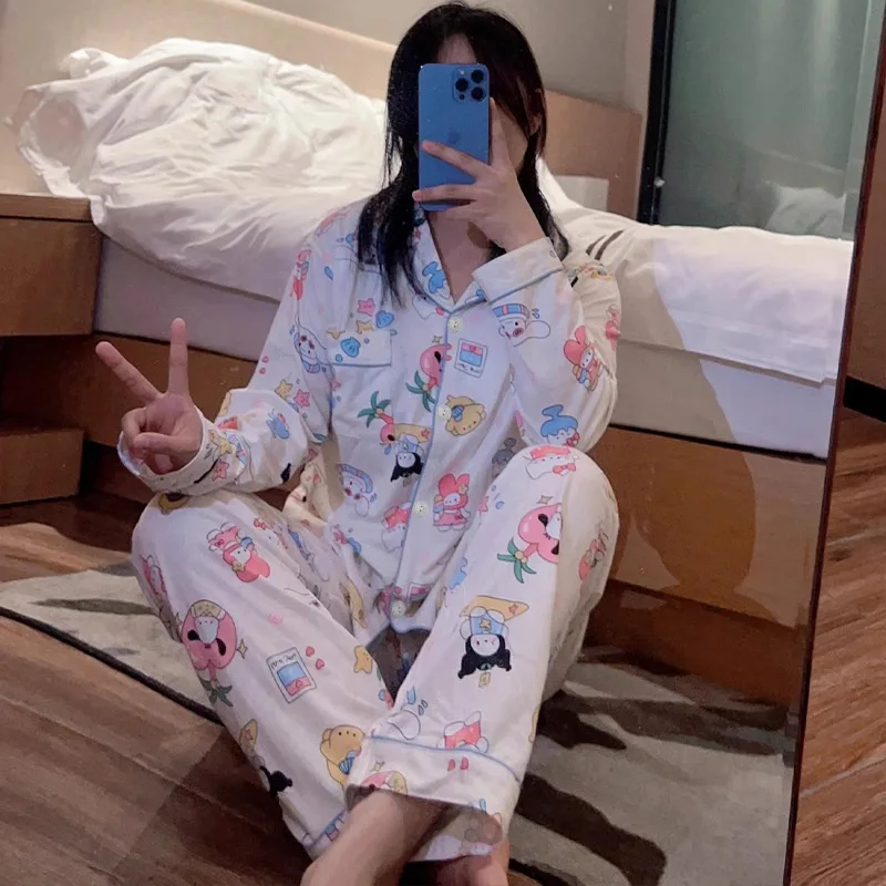 

Sanrio Hello Kitty Matching Pajamas Cartoon Cute Long Sleeve Long Pants Soft Student Milk Silk Home Clothes Women Pyjamas Set