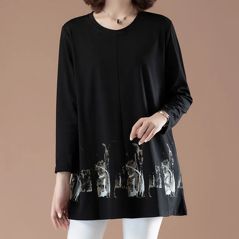 

Fashion Women's Clothing Long Sleeve Casual Printed Solid Color T-shirt Spring Autumn Loose Round Neck Pockets Tops ZT145