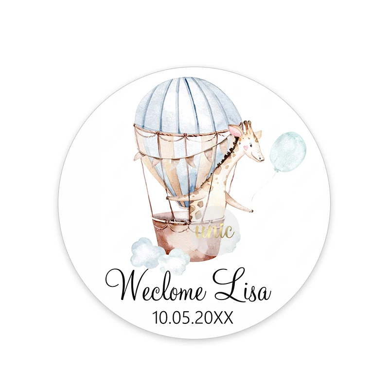 Custom Welcome Baby Hot Air Balloon Animals Birthday Party Labels Favors Round Sticker Baby Shower Personalise Travel Sticker