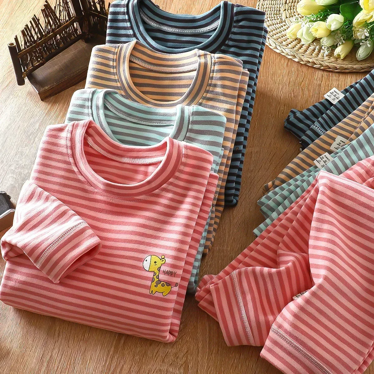 Children\'s Pajamas Sets Thickened Warm Sleepwear Kids Stripe Baby Clothes Set Boys Girls Thermal Underwear Velvet Baby Homewear