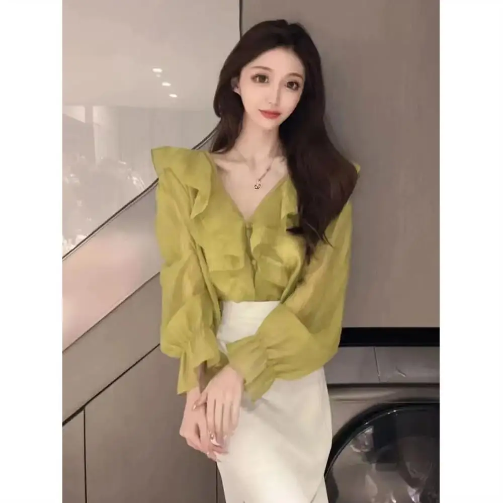 Pleated Ruffle Edge Shirt Women in Spring Autumn New Korean Version Niche Design Fashionable Temperament Casual Commuting Top