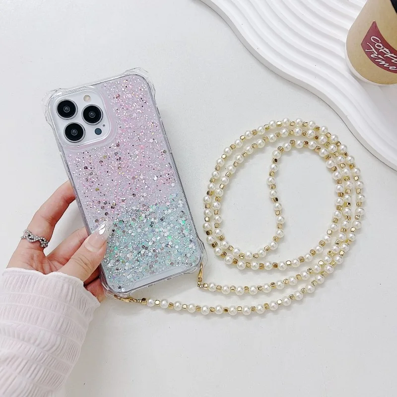 Glitter Pearl Strap Case For Samsung Galaxy A55 A54 A15 A34 A14 A53 S22 S24 S23 Ultra Four Corners Crossbody Long Lanyard Cover image 2