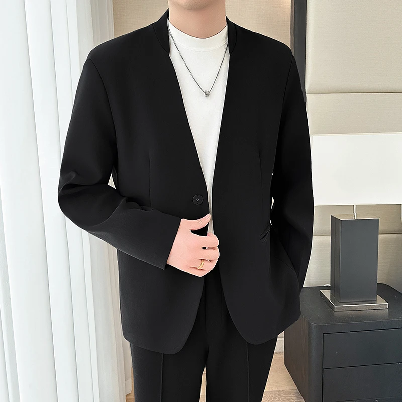 Men Casual Suit Jacket Autumn Solid Color No Collar Blazer High Quality New Back Embroidery Men's Outerwear