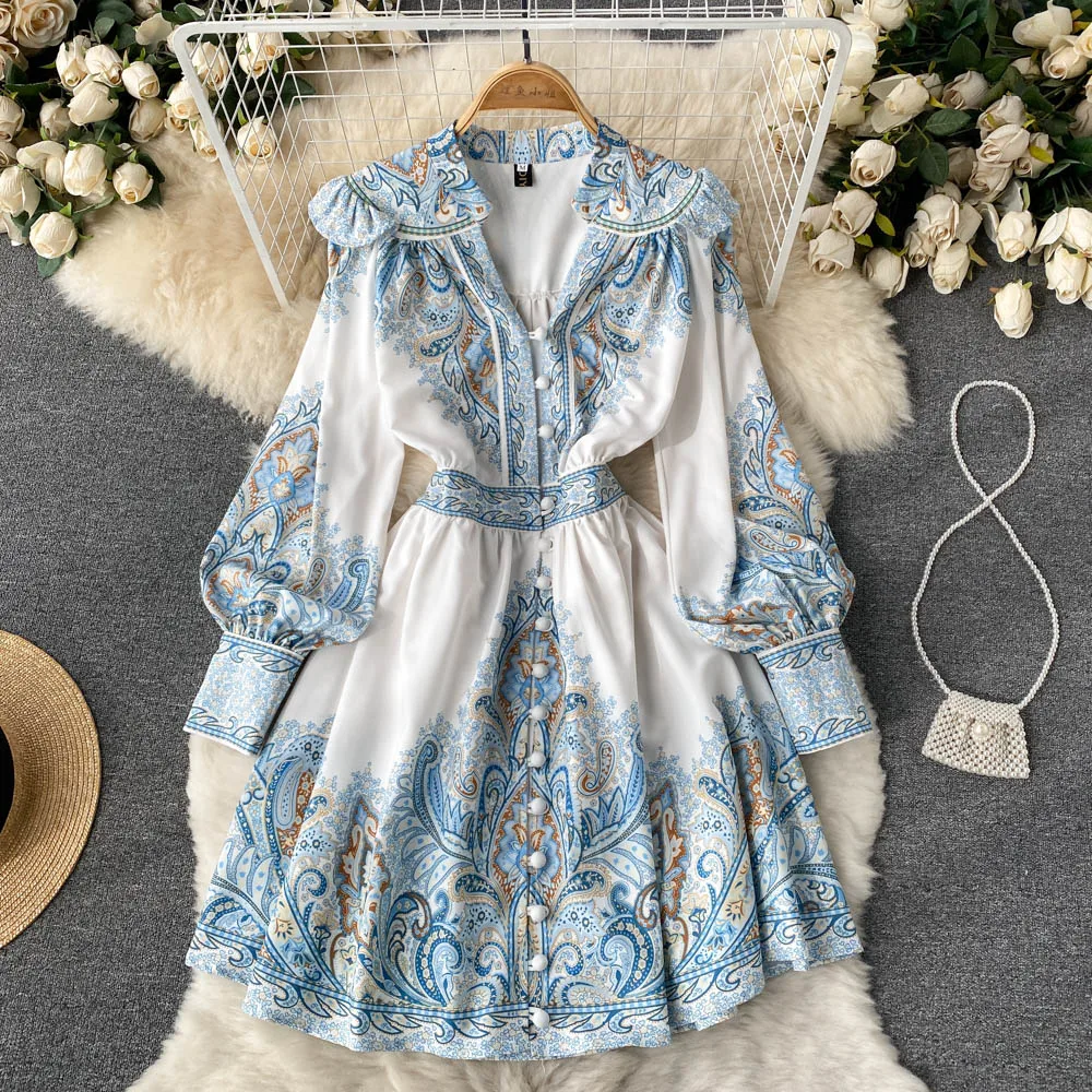 Spring Autumn Floral Printed Mini Dress Women Sexy V-Neck Single-Breasted Puff Sleeve High Waist A-Line Luxury Party Vestidos