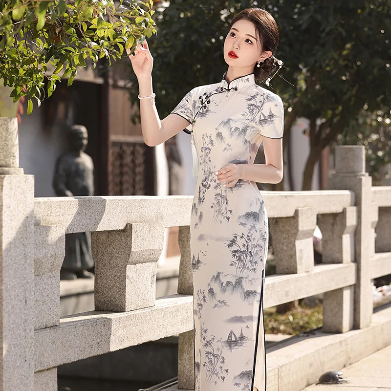 Spring New High-Grade Chinese Ink Style Short Sleeve Stand Collar Temperament Long Cheongsam