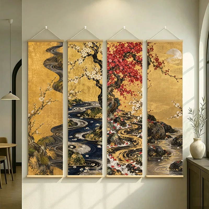 Japanese Landscape Wall Art with Golden Mountains, Winding River and Blossoming Trees on Silver Shimmer Canvas for Living Room