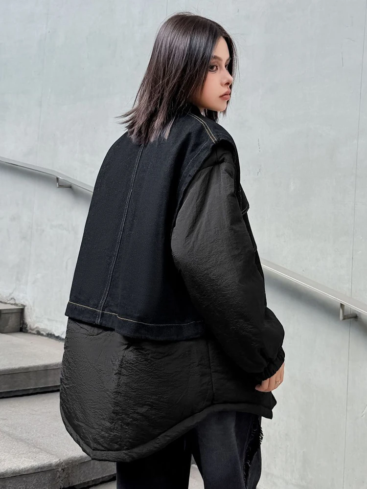 YERMORA negro falso dos piezas empalmado Denim Casual Chaqueta de algodón mujeres de manga larga suelta Chaqueta nueva moda Otoño Invierno 2025