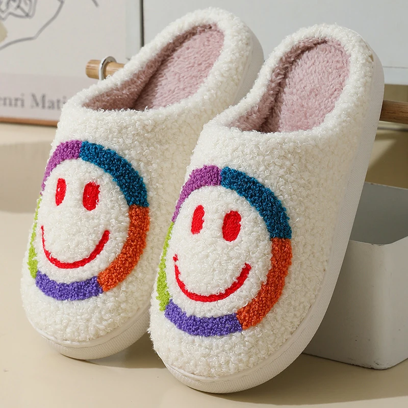 

Women's Home Slippers Simple Printed Smile False Cashmere House shoes for woman winter Warm Plush Soft Indoor shoes big size 45