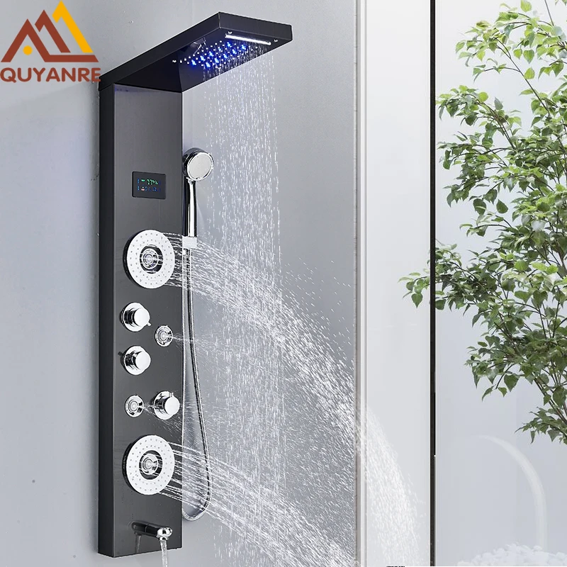 LED Shower Panel Tower System Rain Waterfall Shower Column Hydroelectricity LCD Display With Massage Body Spa Bath Shower Faucet