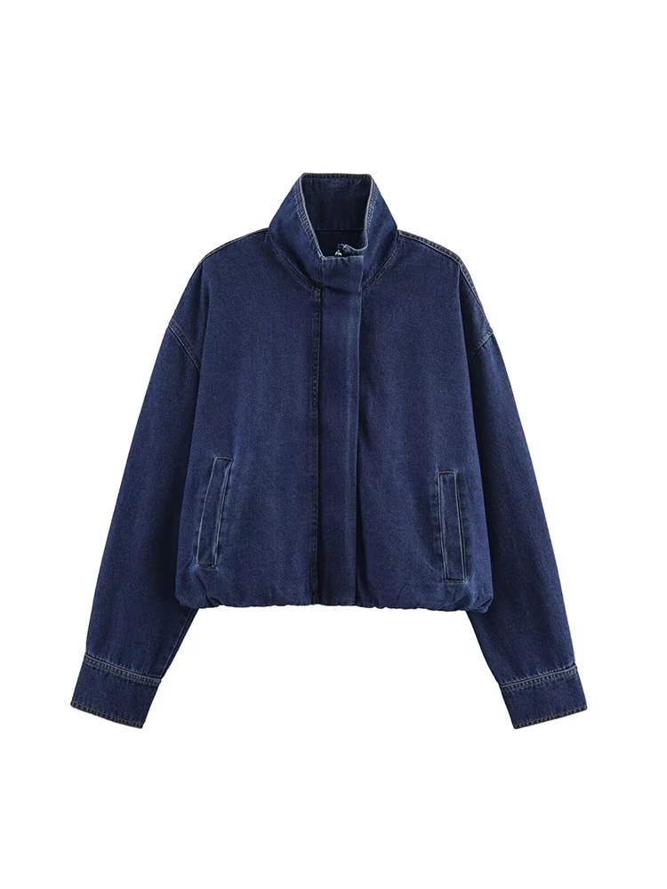 

European and American style autumn new fashion trend women's loose versatile stand collar long sleeve denim jacket coat