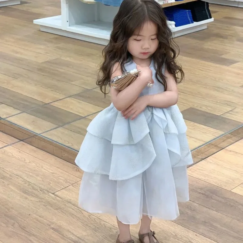 فستان بناتي صيفي بنمط جديد فستان الأميرة لطيف وحلو بدون أكمام تنورة منتفخة شبكية ملابس أطفال كورية