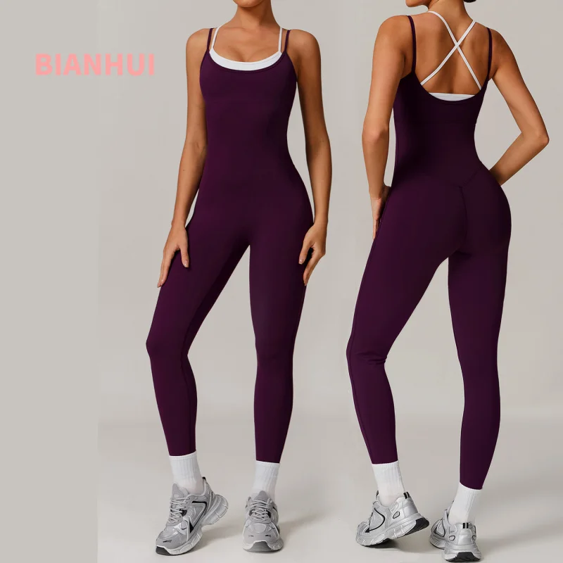 

BIANHUI Fake Two-Piece Color-Block Strap Sporty Jumpsuit Woman Black Pink Yoga Outfit Backless Outdoor Fitness Running Bodysuit