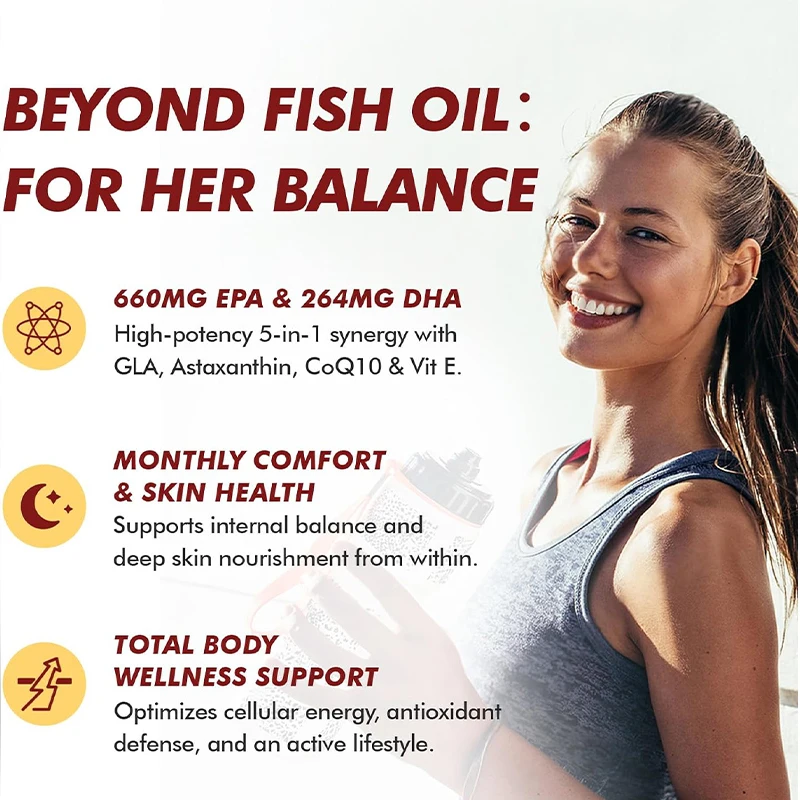 Omega-3 Fish Oil 1200mg Supplement, 60 Soft Capsules, Heart and Skin Health, Astaxanthin and Coenzyme Q10