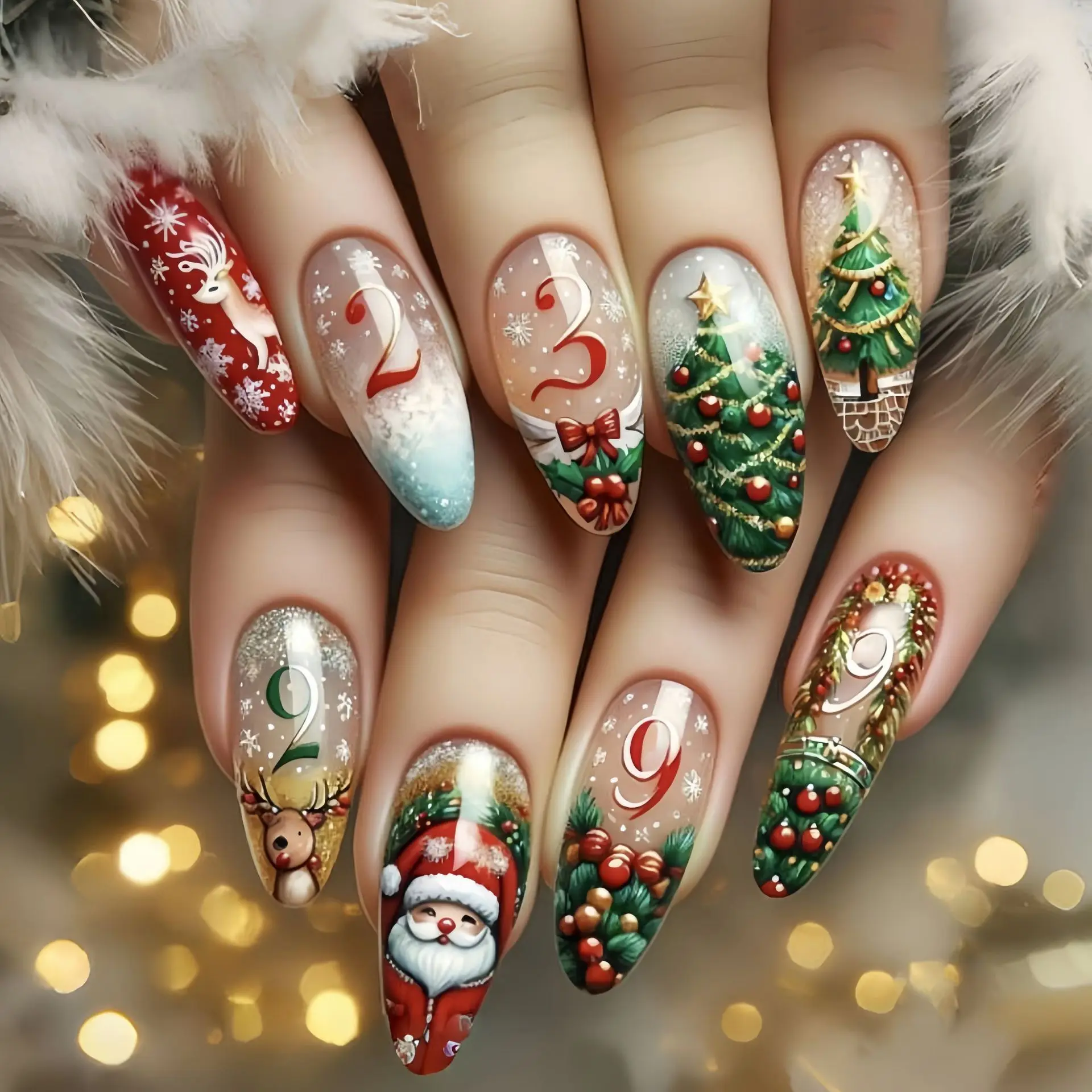 Medium fake nails for Christmas party snowflakes Christmas tree Santa Claus elf alsmond Square tips press on false nail art set