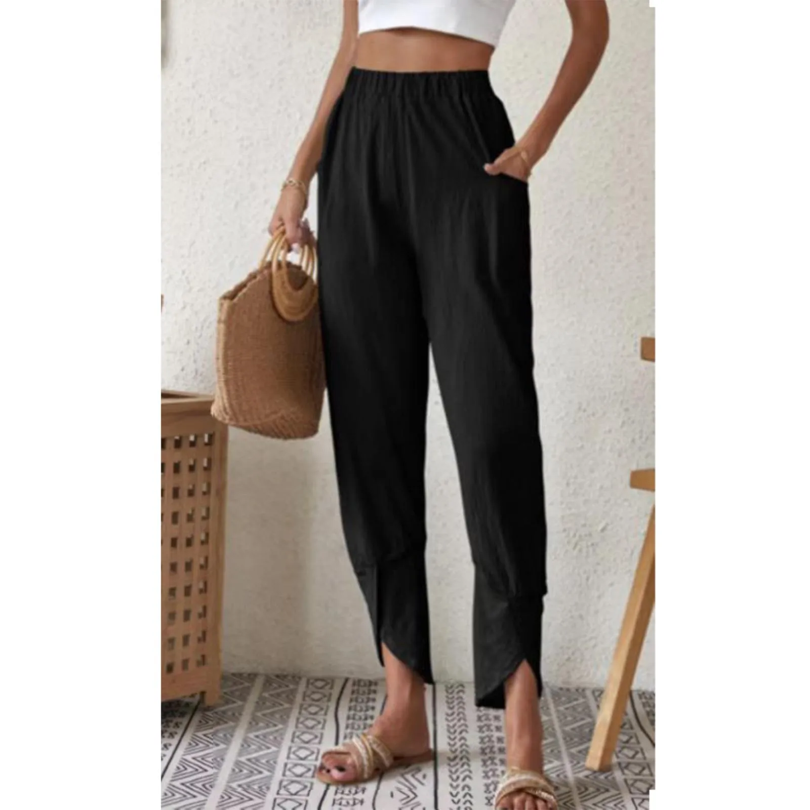 

Women's Fashion White Harem Pants Summer New Elastic High Waist Pleated With Pockets Streetwear Beachwear Casual Pants 2024