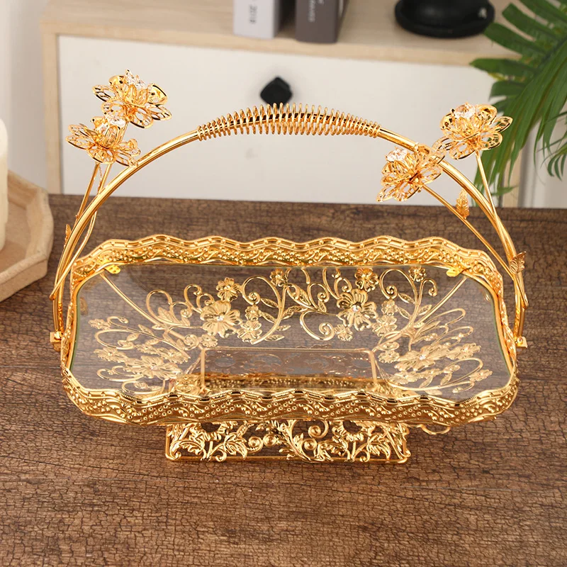 Large upscale portable fruit basket embossed glass rectangular fruit basket banquet wedding golden fruit