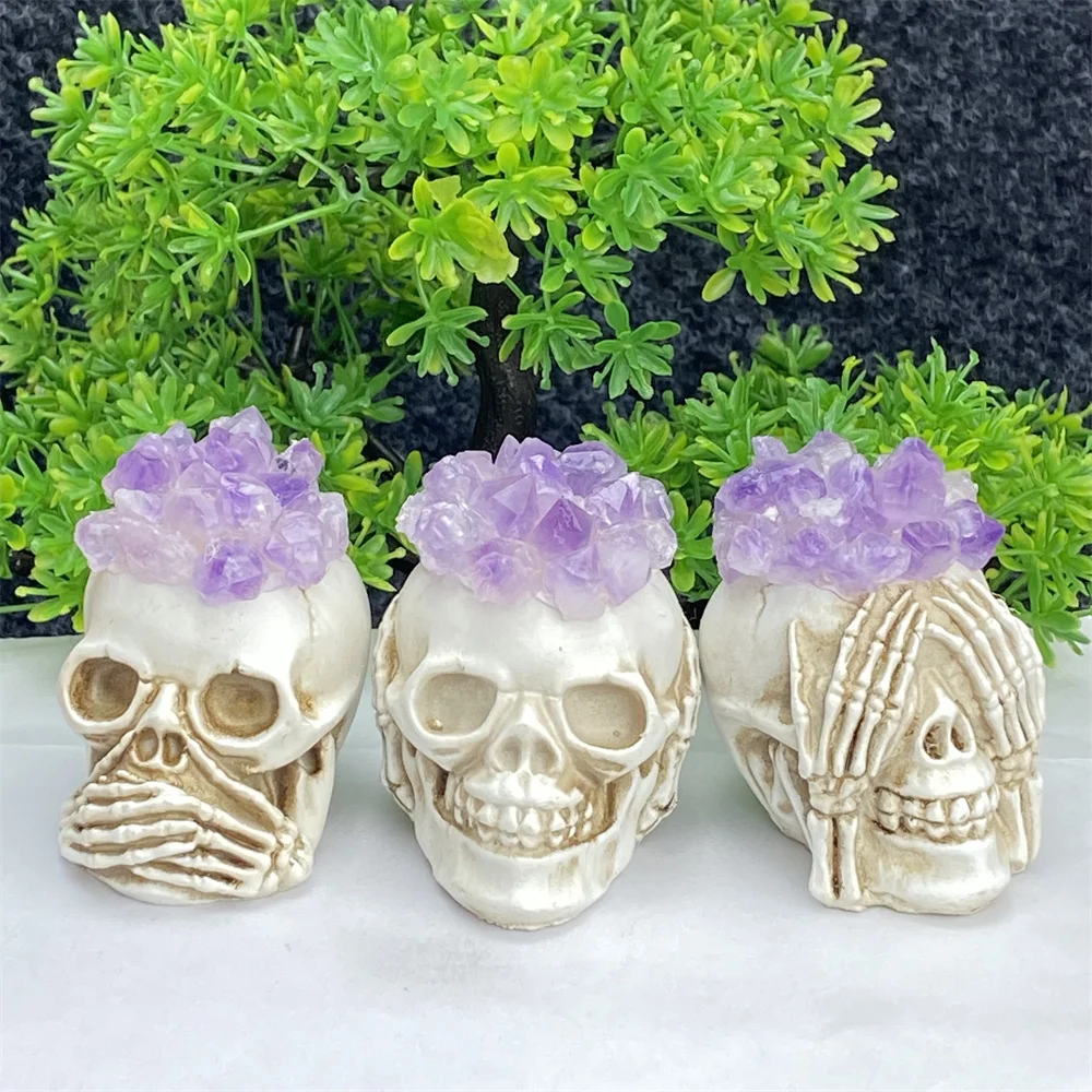 

Hear, See, Tell, Trilogy, Beautifully Engraved Amethyst Skull Bonsai Garden Office Decor Home Decor Halloween Decor