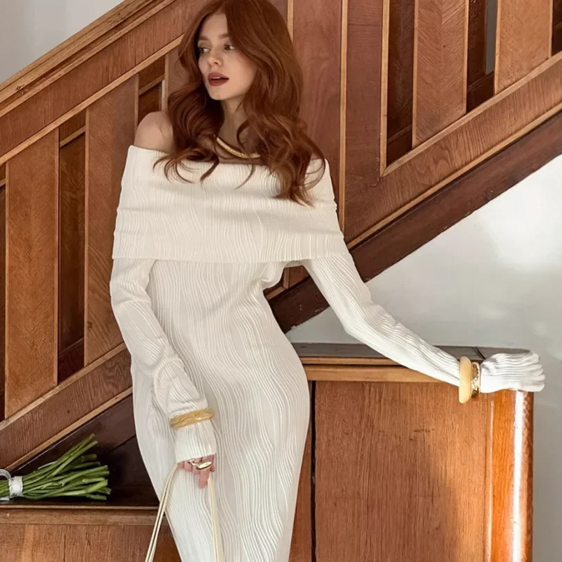 

Elegant Off Shoulder Knitted Dress 2025 Fall Sexy Bodycon Mermaid Tail Slim Fit Women Dress