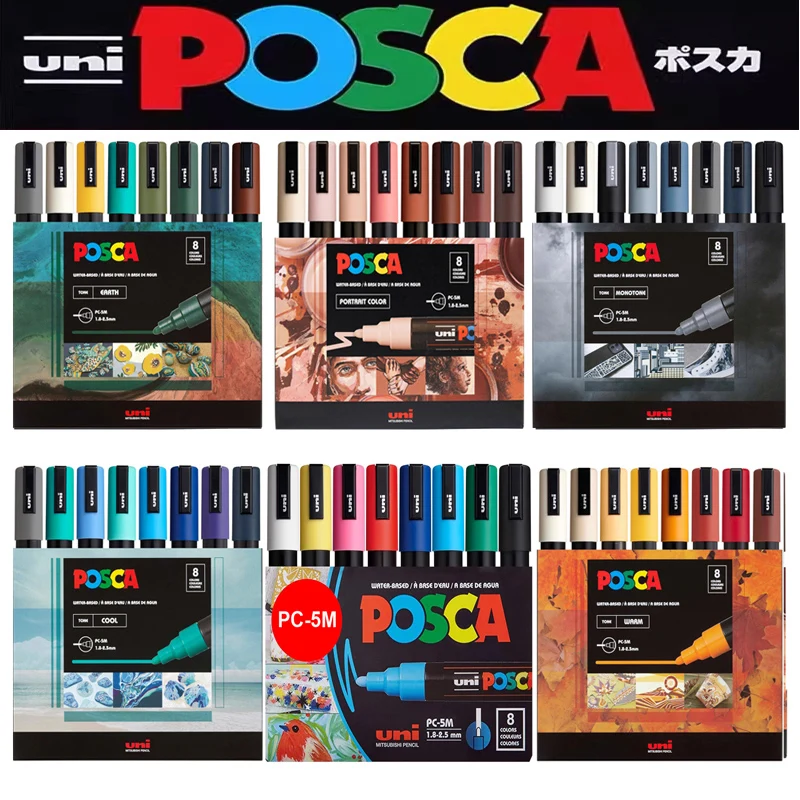 New Uni Posca Marker Pen Set PC-1M/3M/5M/8K/17K Original Package Paint Set Acrylic Water-Based Markers Art Painting Graffitti