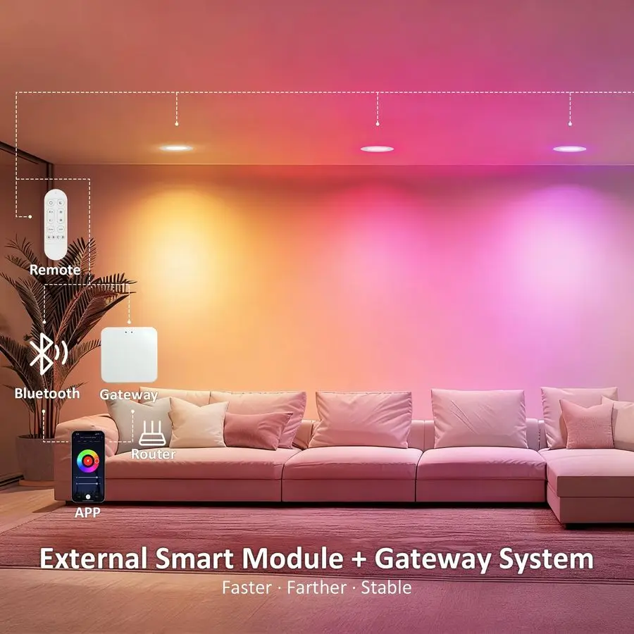 Éclairage encastré intelligent 6 pouces RGB Downlight peut allumer 13W 1100LM 93CRI, WiFi amp Bluetooth plafonnier avec SignalBoosting M