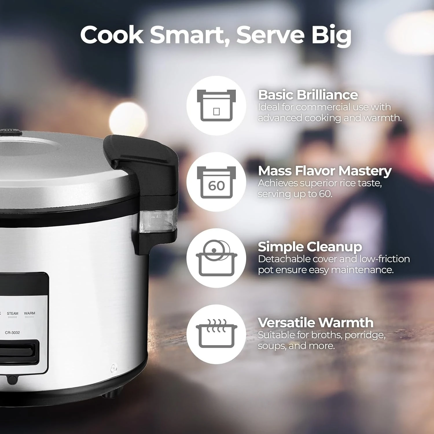 CR-3032 30-كوب (غير مطبوخ) / 60 كوب (مطبوخ) جهاز طبخ الأرز التجاري بسعة كبيرة مع وعاء داخلي غير لاصق #3