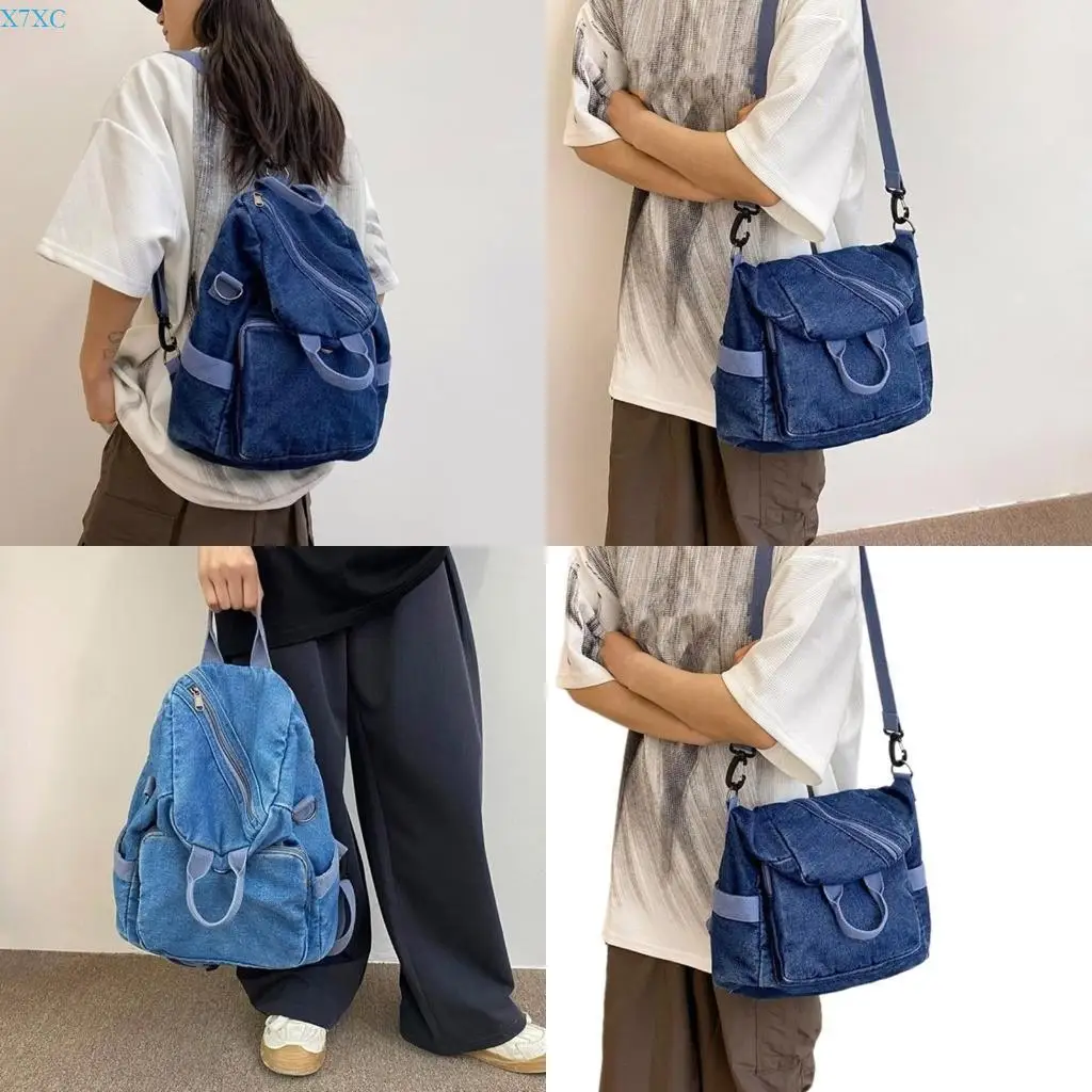 

X7XC Harajuku Vintage Denims Backpack Multi Pocket Shoulder Bag for Trendy Women Men Student Schoolbag Crossbody Handbag