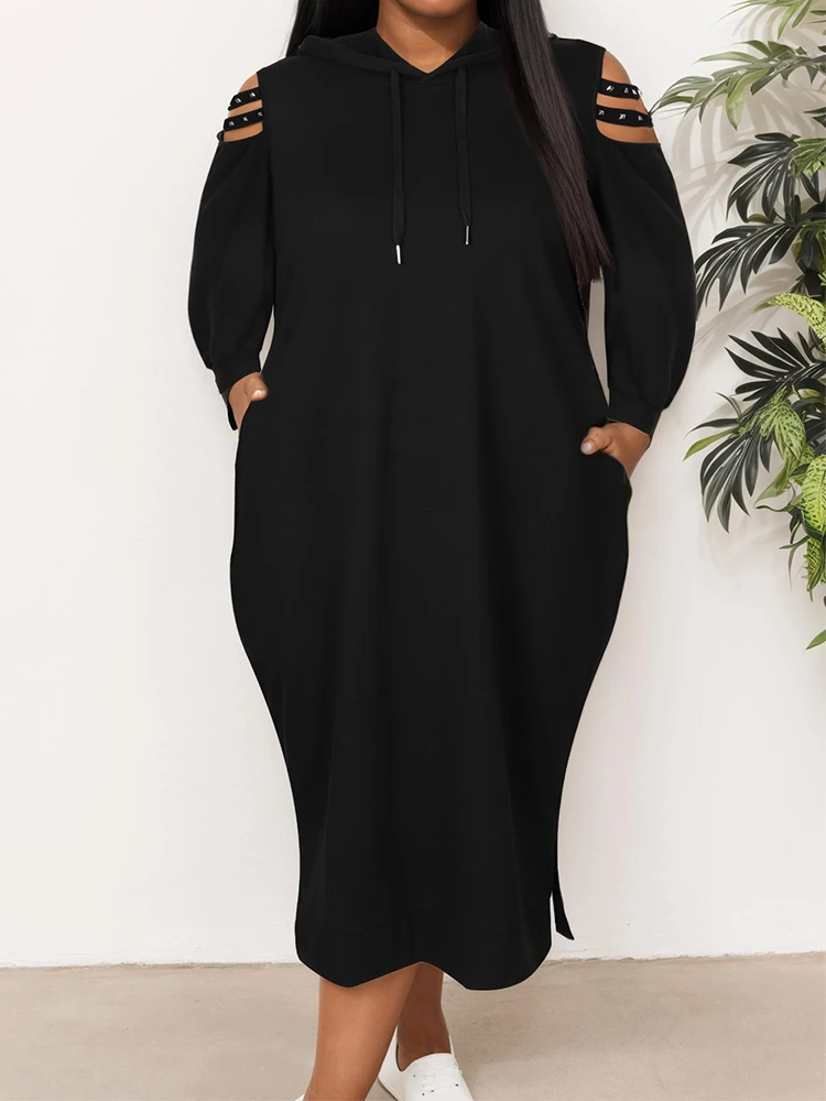 Damska sukienka z kapturem Plus Size Długie rękawy Jesień Zima Seksowna Solidna odzież uliczna Kieszenie Lady Luźne bluzy Pullover Dress