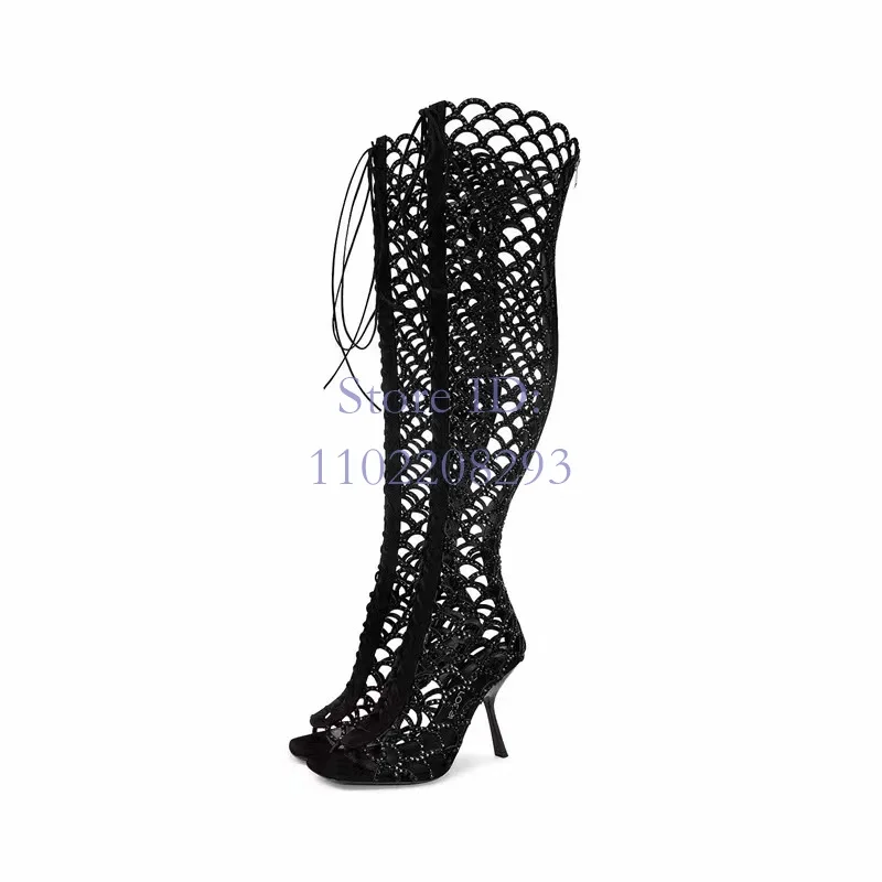 

Black Strappy Hollow Knee High Boots Square Toe Strange Style Slip-on Lace-up Sandals Summer Women Fashion Sexy Shoes 2024