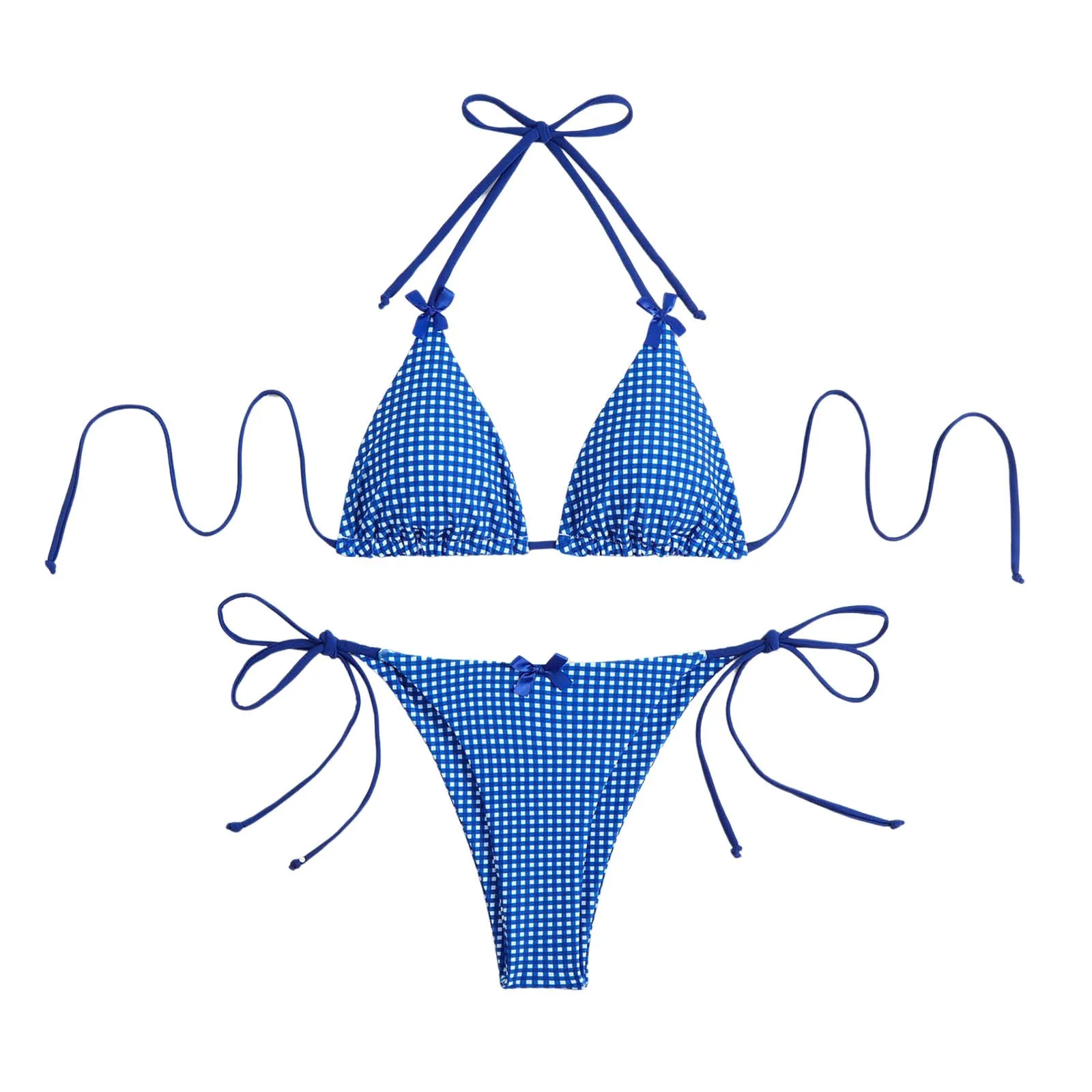 Traje de baño de dos piezas para mujer, Tanga de vacaciones, microbikini a cuadros pequeño y Sexy, Mini traje de playa transparente con realce de tiro alto