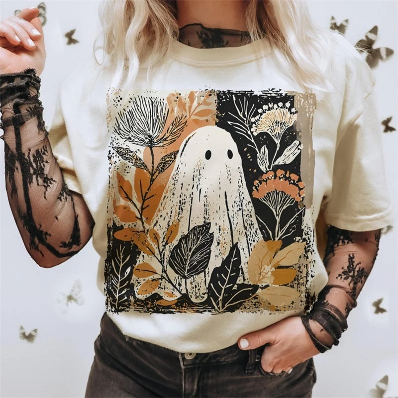 

Ghost Print Cartoon Halloween Retro Pattern Fashion Style Round Neck Casual Basic Women's Regular Popular Thanksgiving T-Shirt