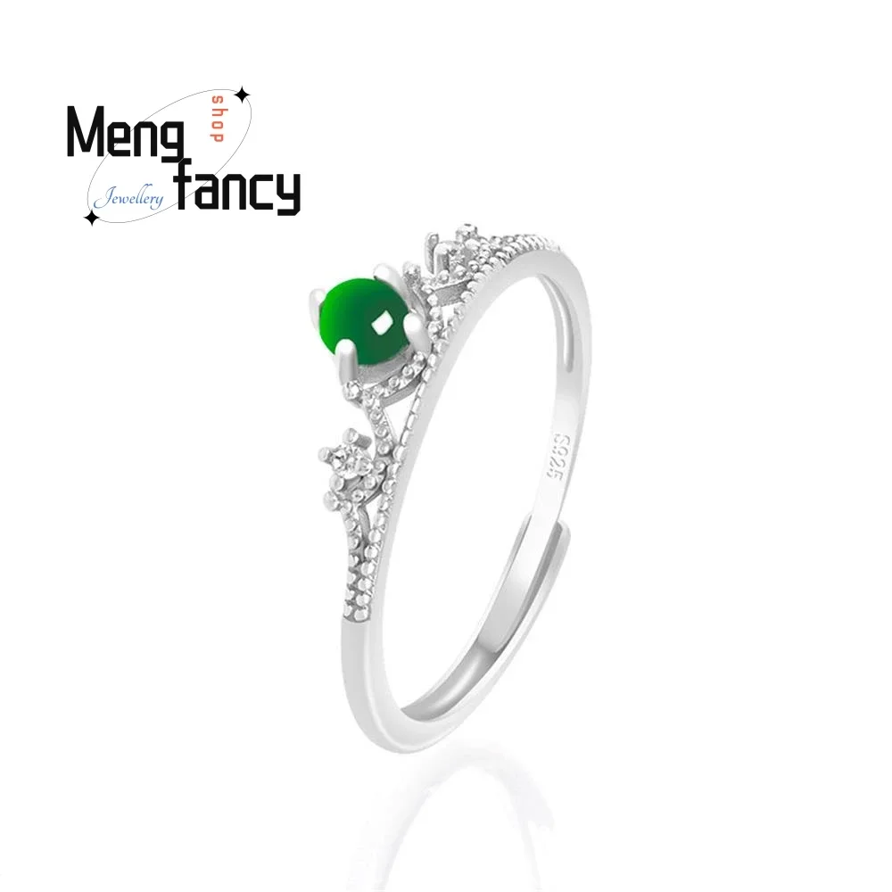 

S925 Silver Inlaid Crown Natural A-goods Jadeite Yang Green Ice Jade Ring Exquisite Elegant Women Couple Fashion Luxury Jewelry